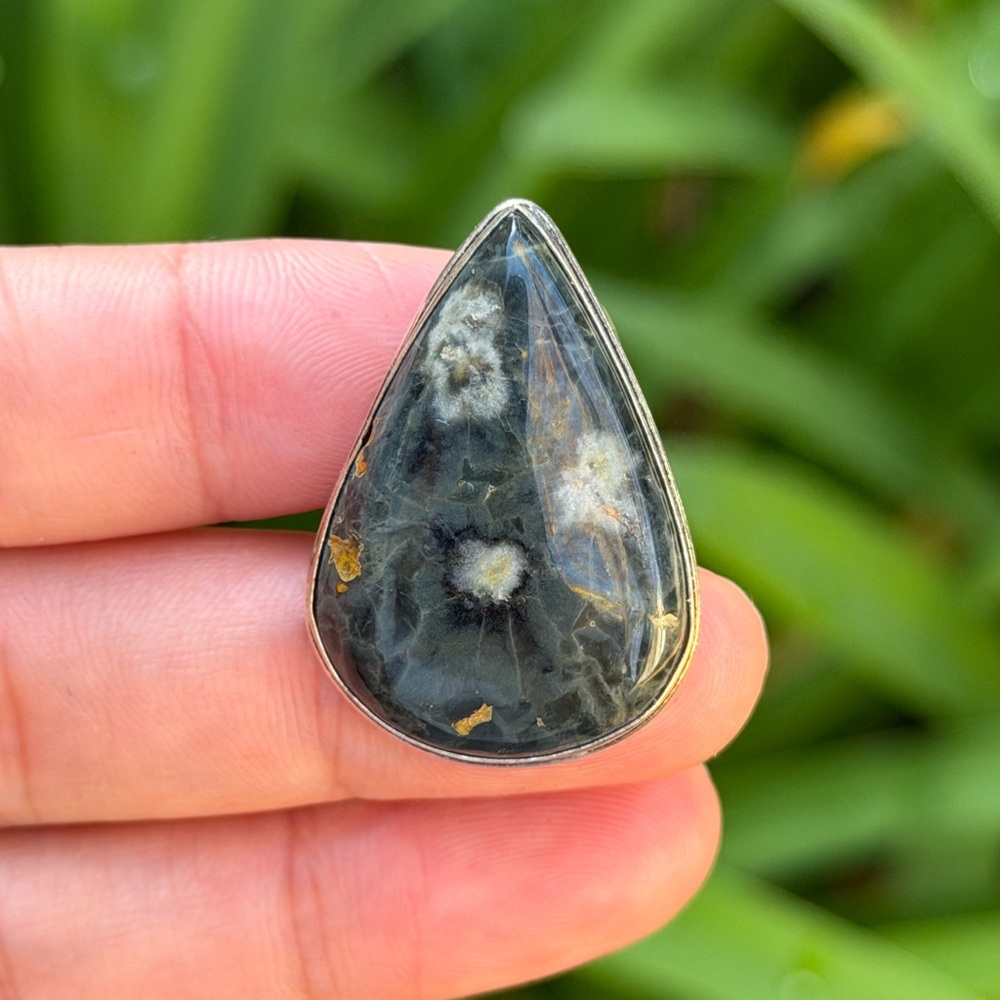 Size 9.25 925 silver plated green ocean jasper ring 0902